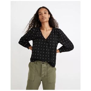madewell kinston side button wrap top XS textured dobby black white blouse